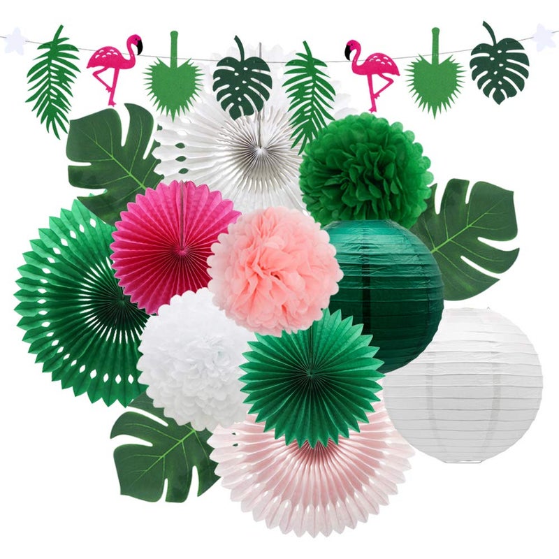 Meiduo Tropical Flamingo Palm Leaves Party Decorations with Paper Fans Paper Lanterns Pom Poms Flowers for Birthday Bridal & Baby Shower Bachelorette Hawaiian Beach Pool Summer (Green) - Image 1